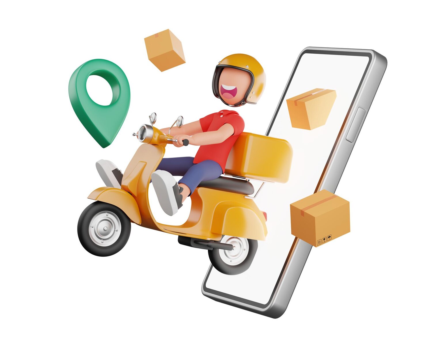 3d illustration courier out from smartphone flying with yellow motorcycle 152558 96534